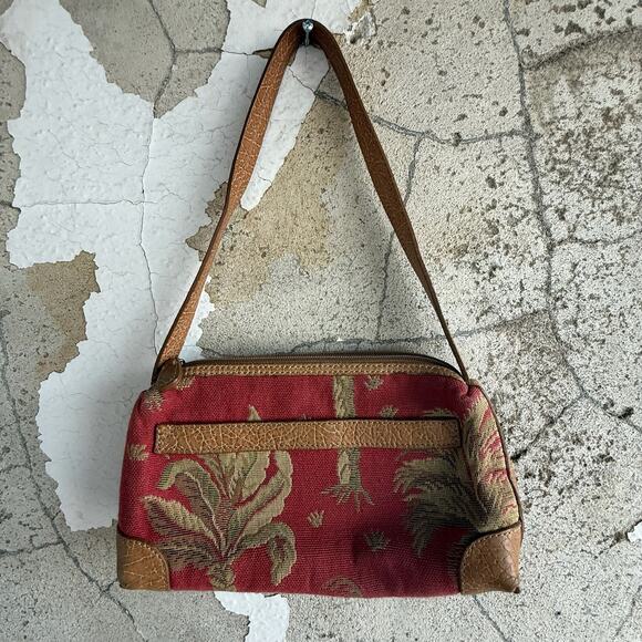 Vintage Palm Tree Tapestry Shoulder Bag Red Brown Faux Leather Trim Boho - Picture 1 of 10